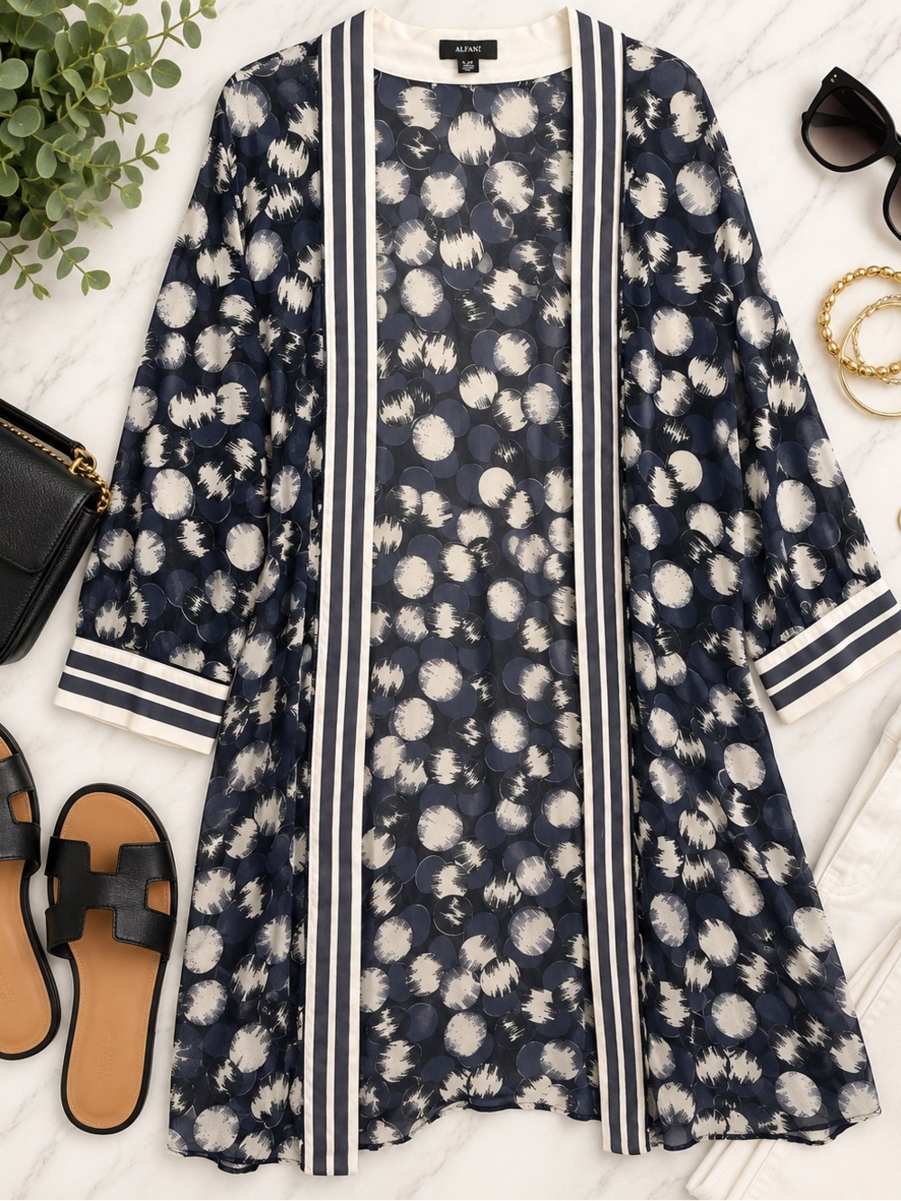 Alfani Navy & Ivory Abstract Print Long Kimono Cardigan – S/M